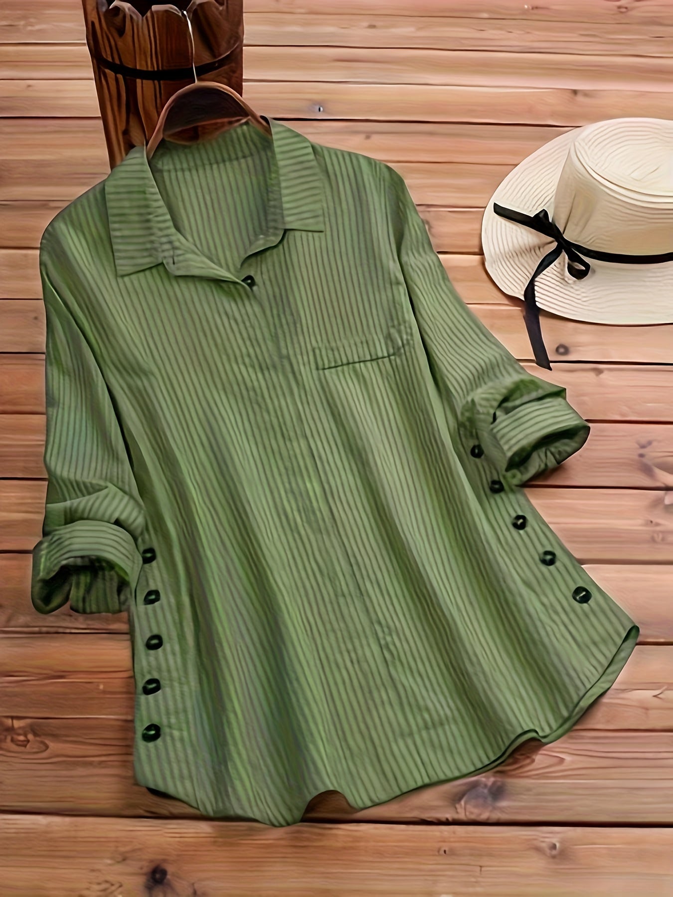 Effortless Striped Tunic Blouse for Women with Collar Long Sleeve Button Front Relaxed Style