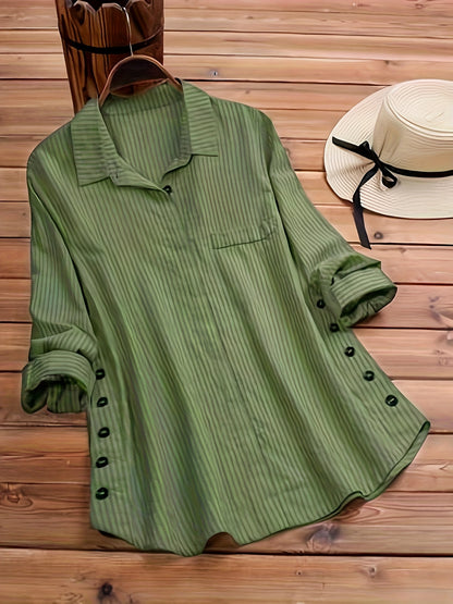 Effortless Striped Tunic Blouse for Women with Collar Long Sleeve Button Front Relaxed Style