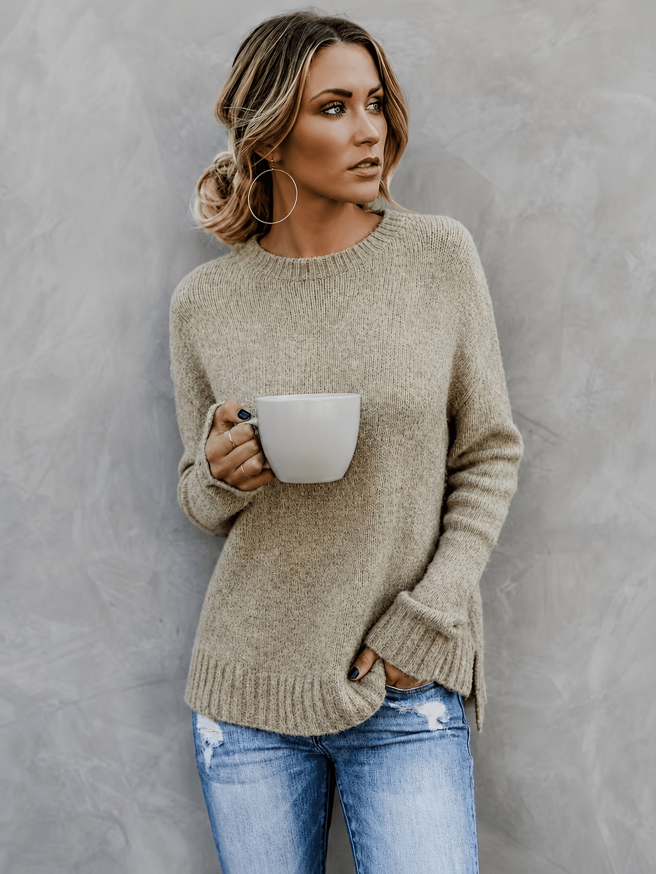 Comfortable Knit Sweater for Women with Crew Neck Bell Sleeve Side Slit Oversized Style