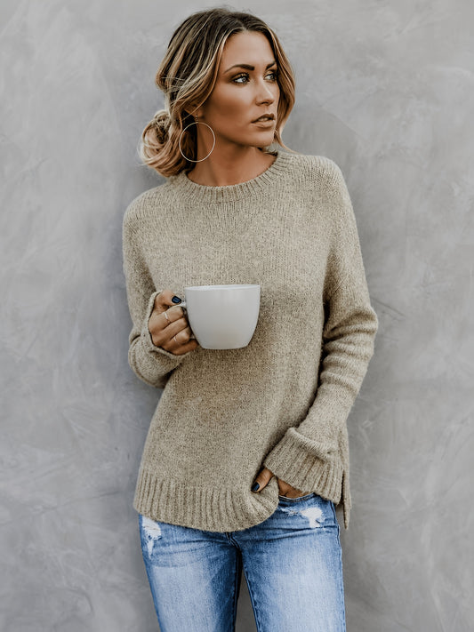 Comfortable Knit Sweater for Women with Crew Neck Bell Sleeve Side Slit Oversized Style