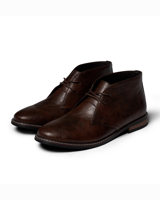 Elegant Dark Brown Leather Chukka Boot for Women with Lace Up Round Toe Stacked Heel Casual Style
