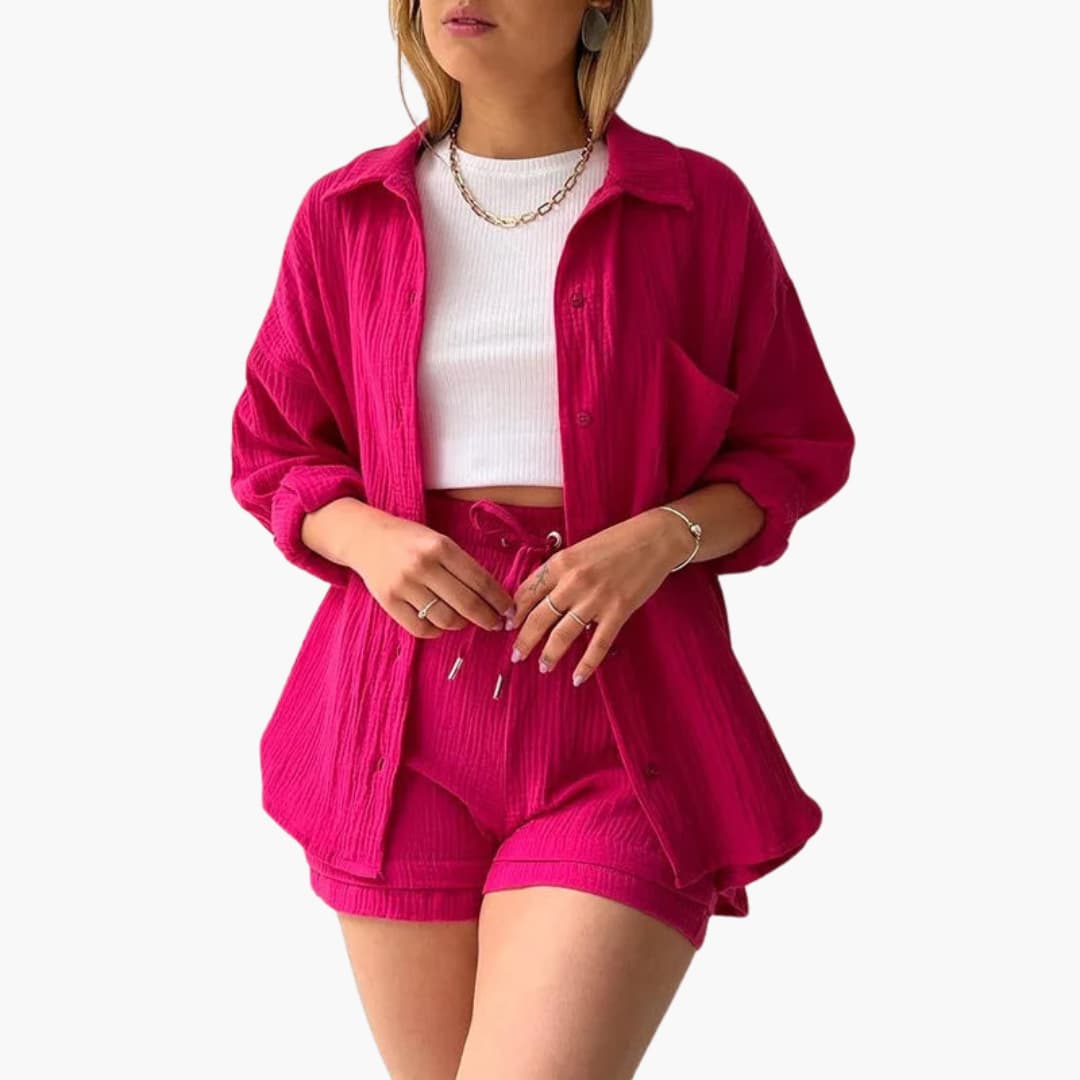 Effortless Cotton Gauze Two Piece Set for Women with Collared Button Front Long Sleeve Drawstring Shorts Relaxed Style