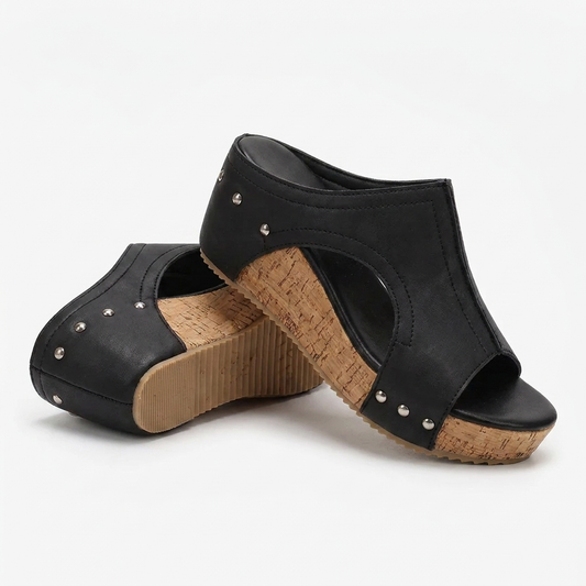 Comfortable Wedge Sandals for Women with Studded T Strap Cork Platform Peep Toe Slide Style
