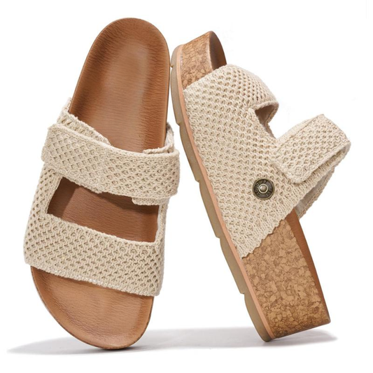Comfortable Slide Sandals for Women with Woven Double Strap Cork Platform Open Toe Style