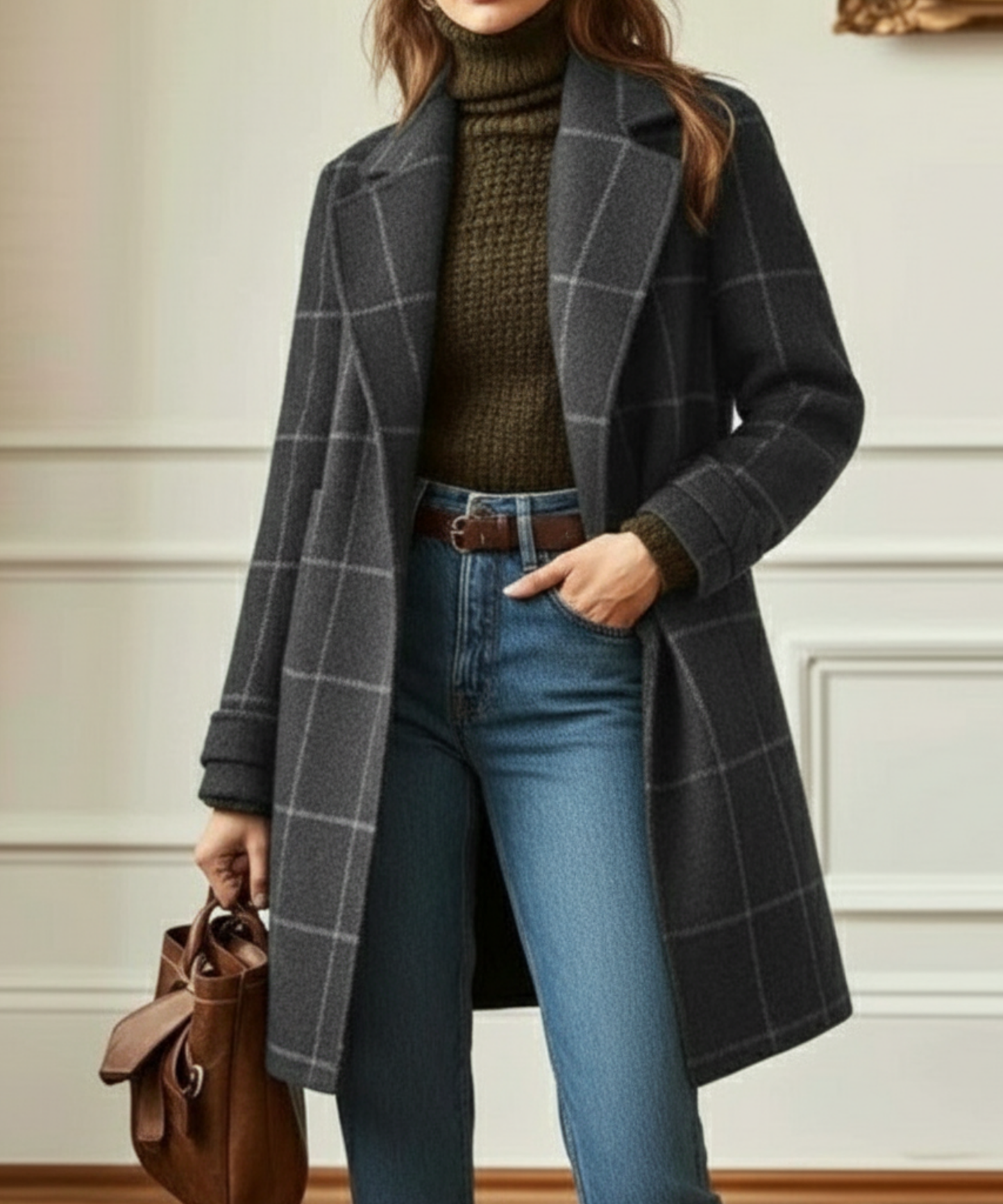 Elegant Plaid Wool Coat for Women with Notched Lapel Long Sleeve Button Front Longline Style