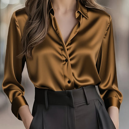Elegant Satin Blouse for Women with Collar Long Sleeve Button Front Relaxed Silky Style