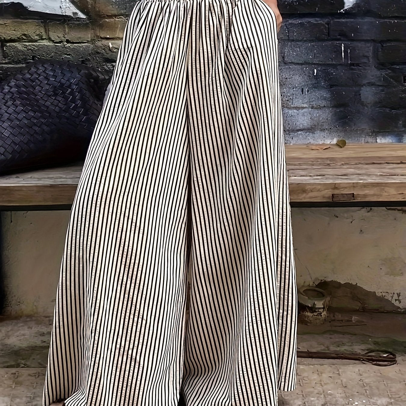 Effortless Apricot Striped Wide Leg Pants for Women with High Waist Flowing Palazzo Casual Style