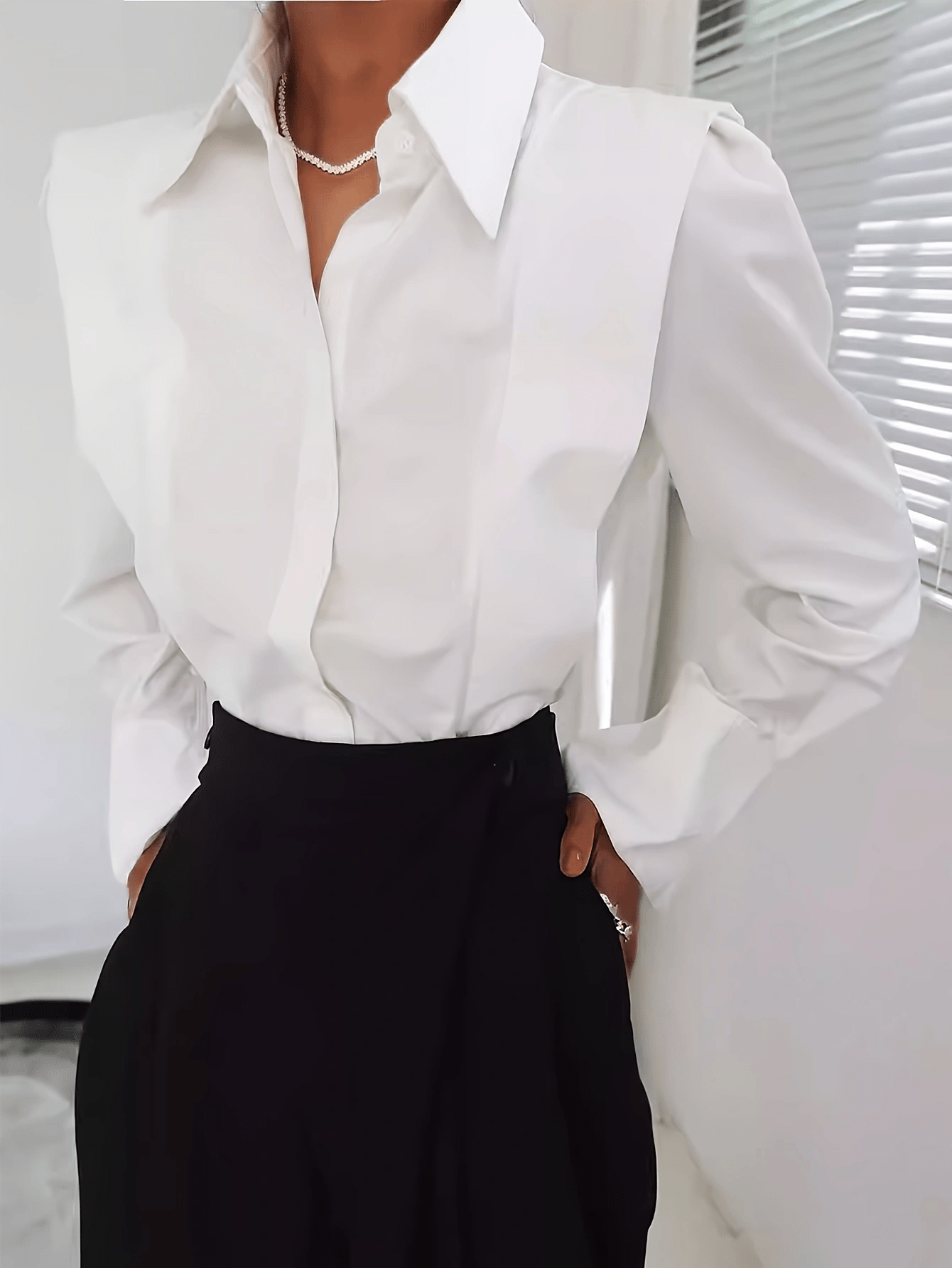 Elegant Power Shoulder Blouse for Women with Point Collar Long Sleeve Button Front Tailored Style