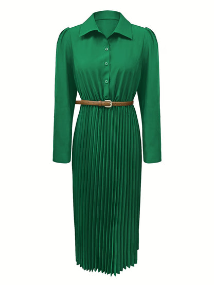 Elegant Pleated Shirt Dress for Women with Collar Long Sleeve Belted Flowing Style