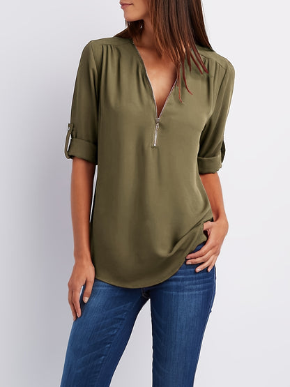 Effortless Chiffon Blouse for Women with V Neck Zip Front Roll Tab Sleeve Relaxed Style