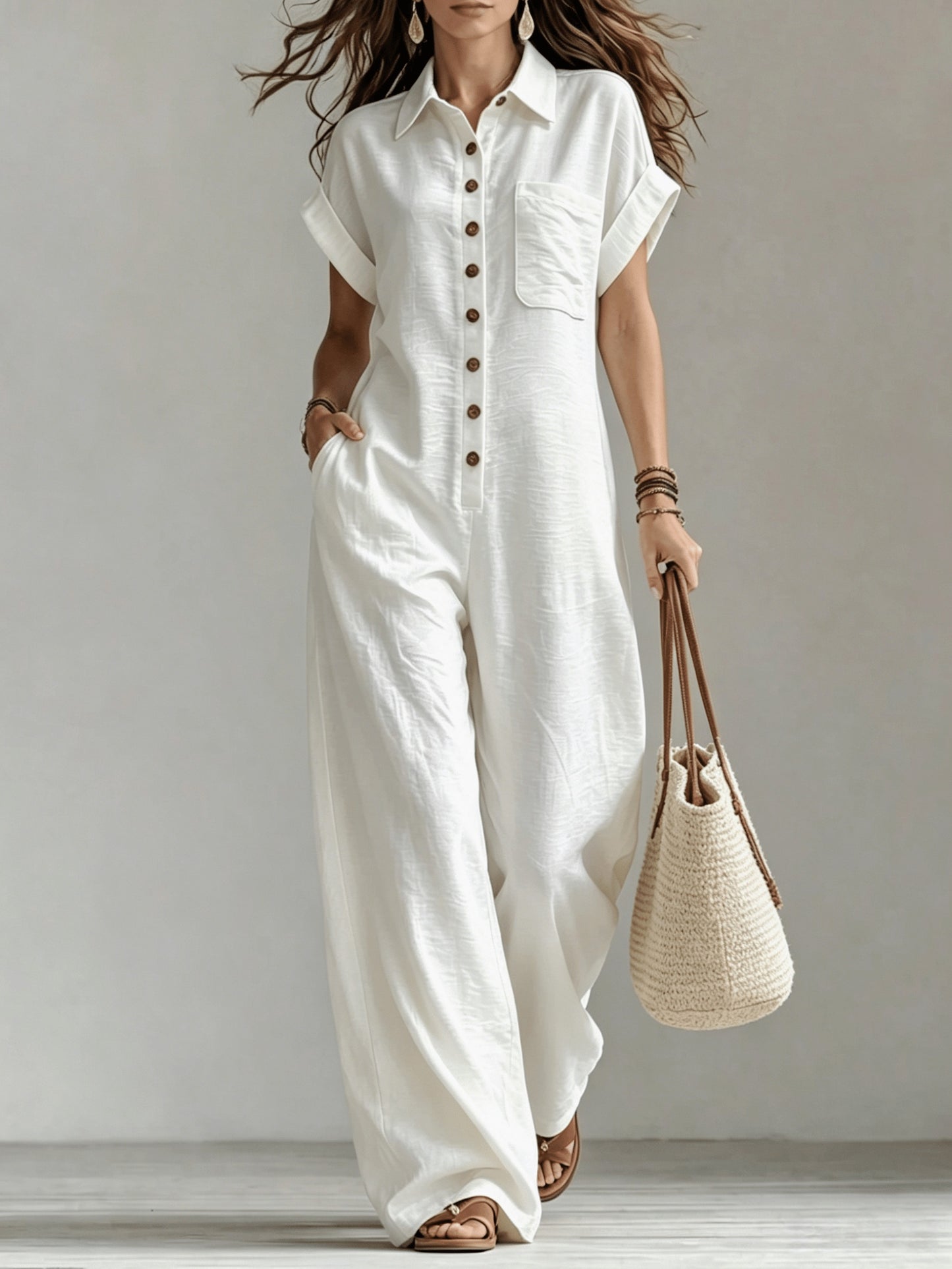 Effortless Linen Wide Leg Jumpsuit for Women with Collar Short Sleeve Button Front Relaxed Style