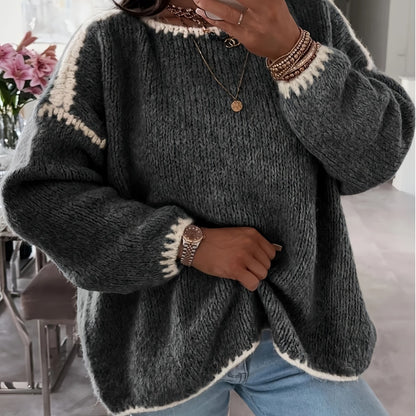 Comfortable Contrast Trim Sweater for Women with Crew Neck Long Sleeve Relaxed Oversized Knit Style