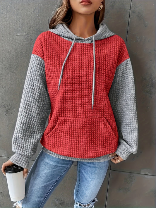 Comfortable Waffle Knit Colorblock Hoodie for Women with Drawstring Hood Long Sleeve Kangaroo Pocket Oversized Style