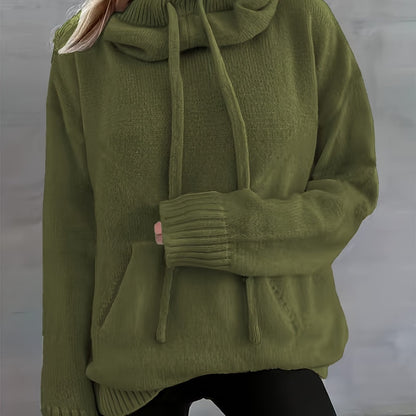 Comfortable Knit Sweater for Women with Cowl Neck Long Sleeve Drawstring Oversized Relaxed Style