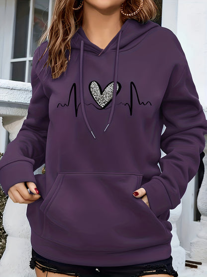 Effortless Heartbeat Print Hoodie for Women with Drawstring Long Sleeve Kangaroo Pocket Relaxed Style