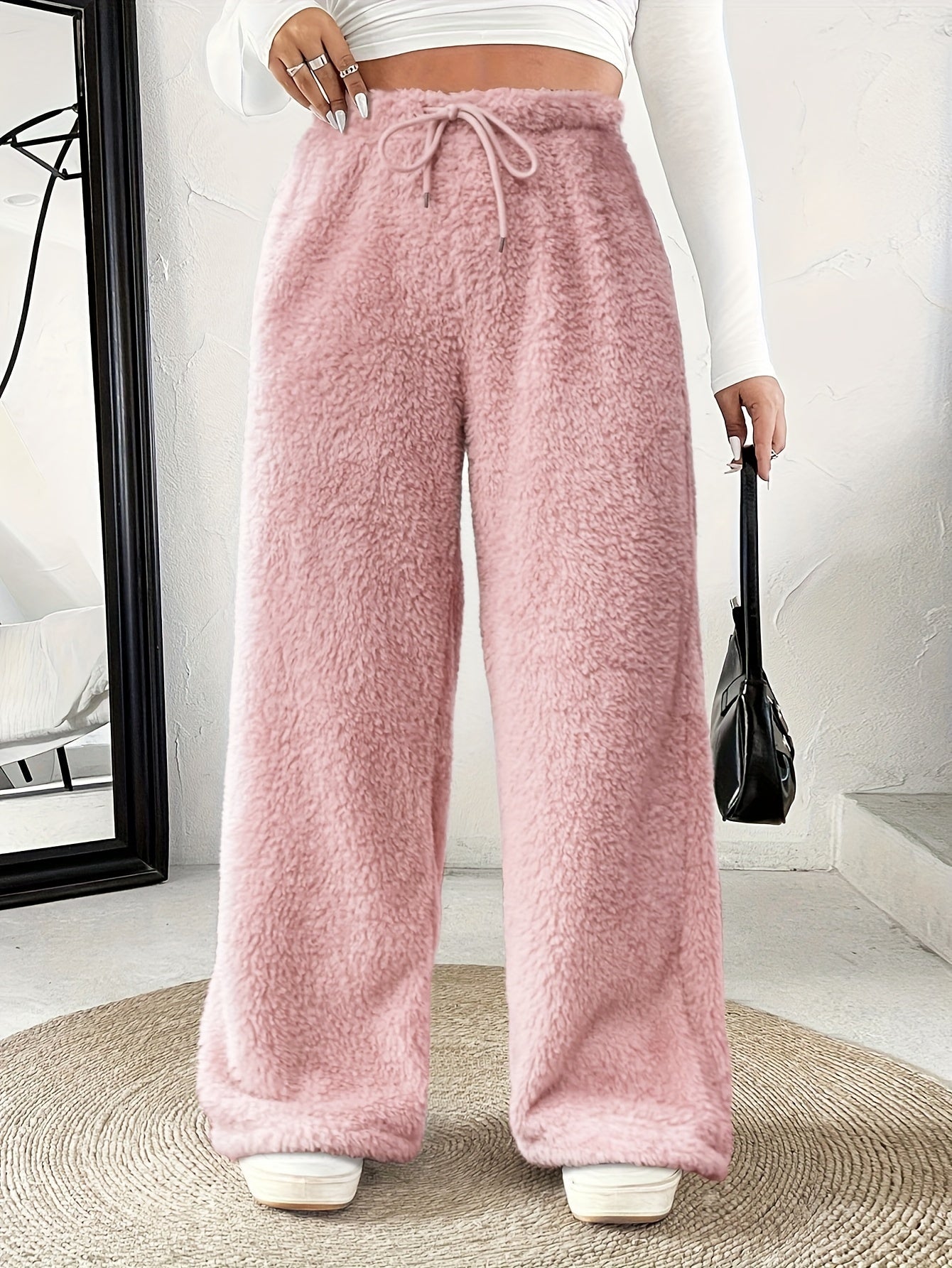 Effortless Fuzzy Fleece Wide Leg Pants for Women with High Waist Drawstring Relaxed Cozy Style
