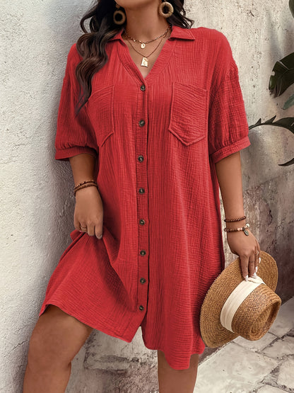 Effortless Wheat Cotton Shirt Dress for Women with Collar V Neck Elbow Sleeve Button Front Relaxed Style