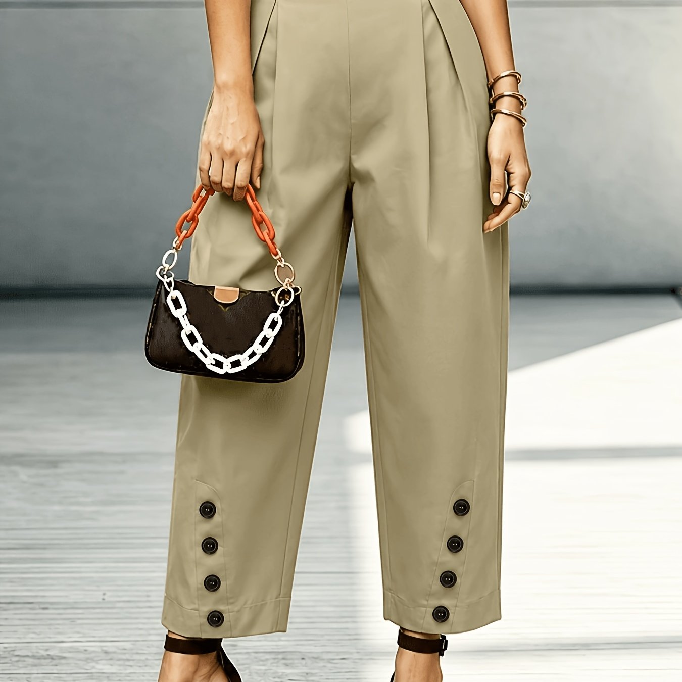 Effortless Khaki Tapered Pants for Women with High Waist Pleated Button Cuff Casual Style
