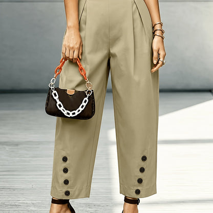 Effortless Khaki Tapered Pants for Women with High Waist Pleated Button Cuff Casual Style