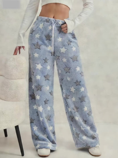 Comfortable Star Print Fleece Pajama Pants for Women with High Waist Drawstring Wide Leg Relaxed Style