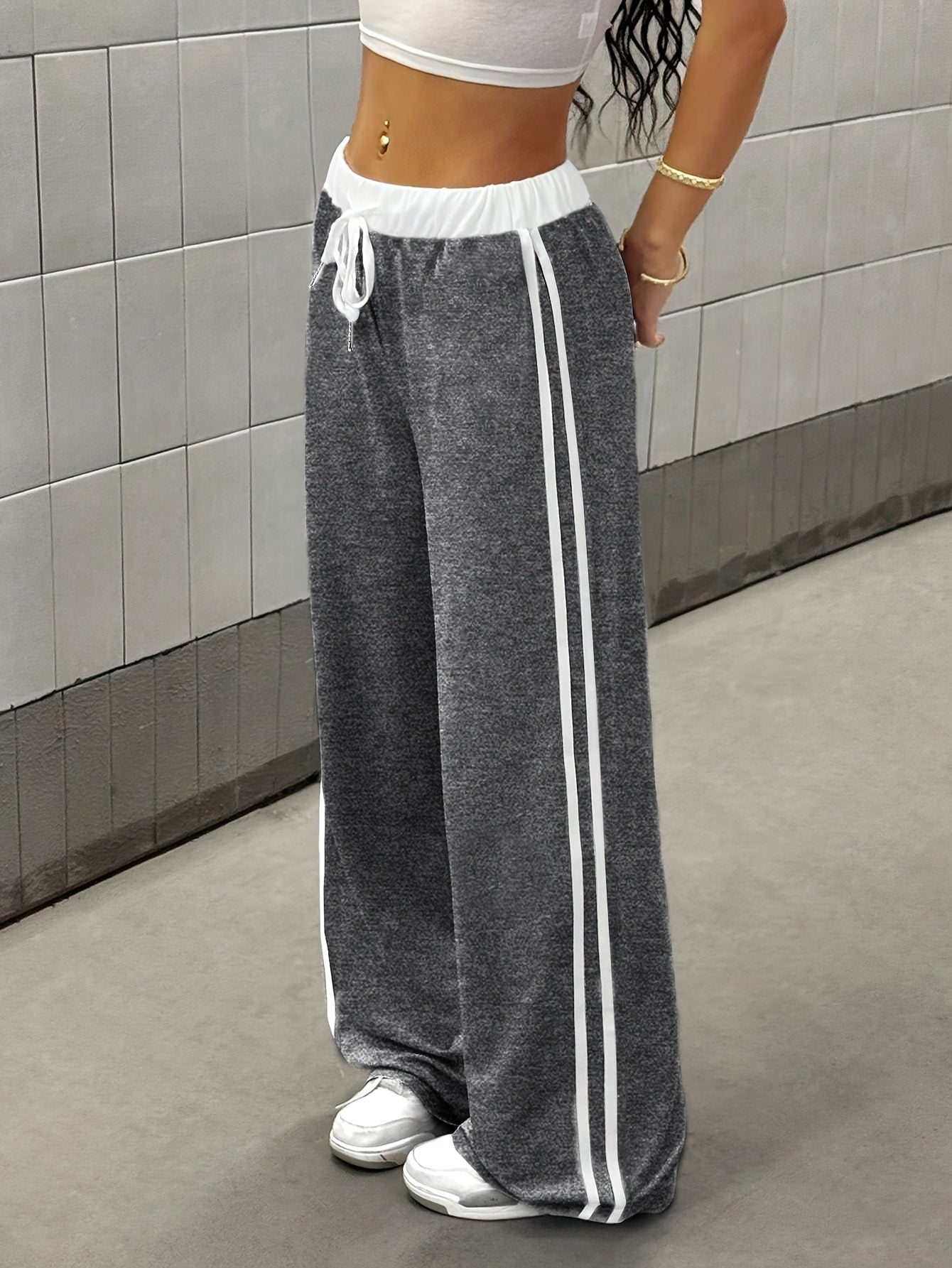 Effortless Side Stripe Wide Leg Pants for Women with High Waist Drawstring Relaxed Track Style