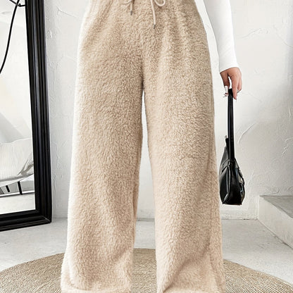 Effortless Fuzzy Fleece Wide Leg Pants for Women with High Waist Drawstring Relaxed Cozy Style