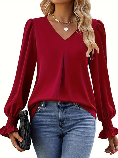 Effortless Pleated Blouse for Women with V Neck Balloon Sleeve Smocked Cuff Relaxed Style