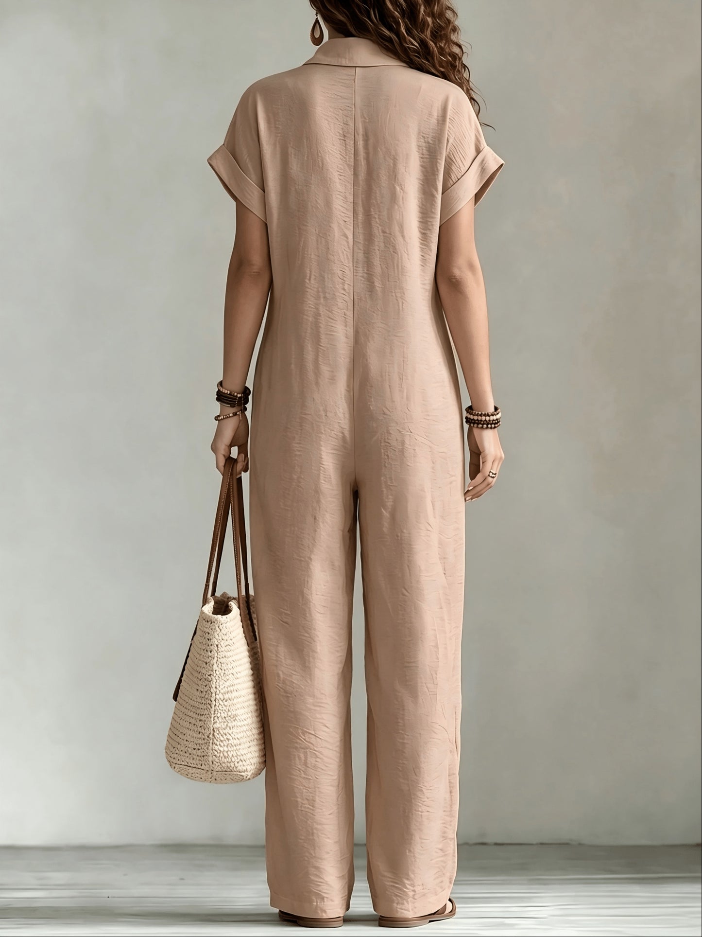 Effortless Linen Wide Leg Jumpsuit for Women with Collar Short Sleeve Button Front Relaxed Style