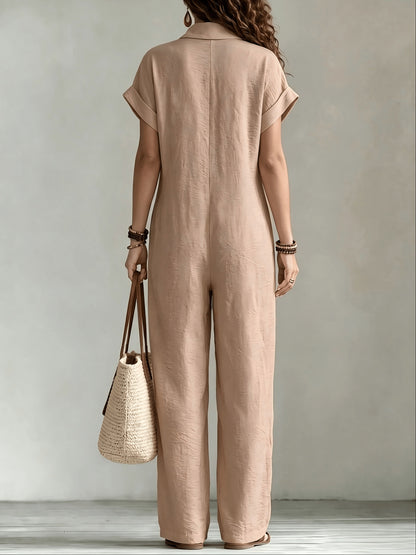 Effortless Linen Wide Leg Jumpsuit for Women with Collar Short Sleeve Button Front Relaxed Style