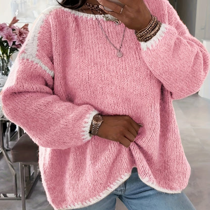 Comfortable Contrast Trim Sweater for Women with Crew Neck Long Sleeve Relaxed Oversized Knit Style