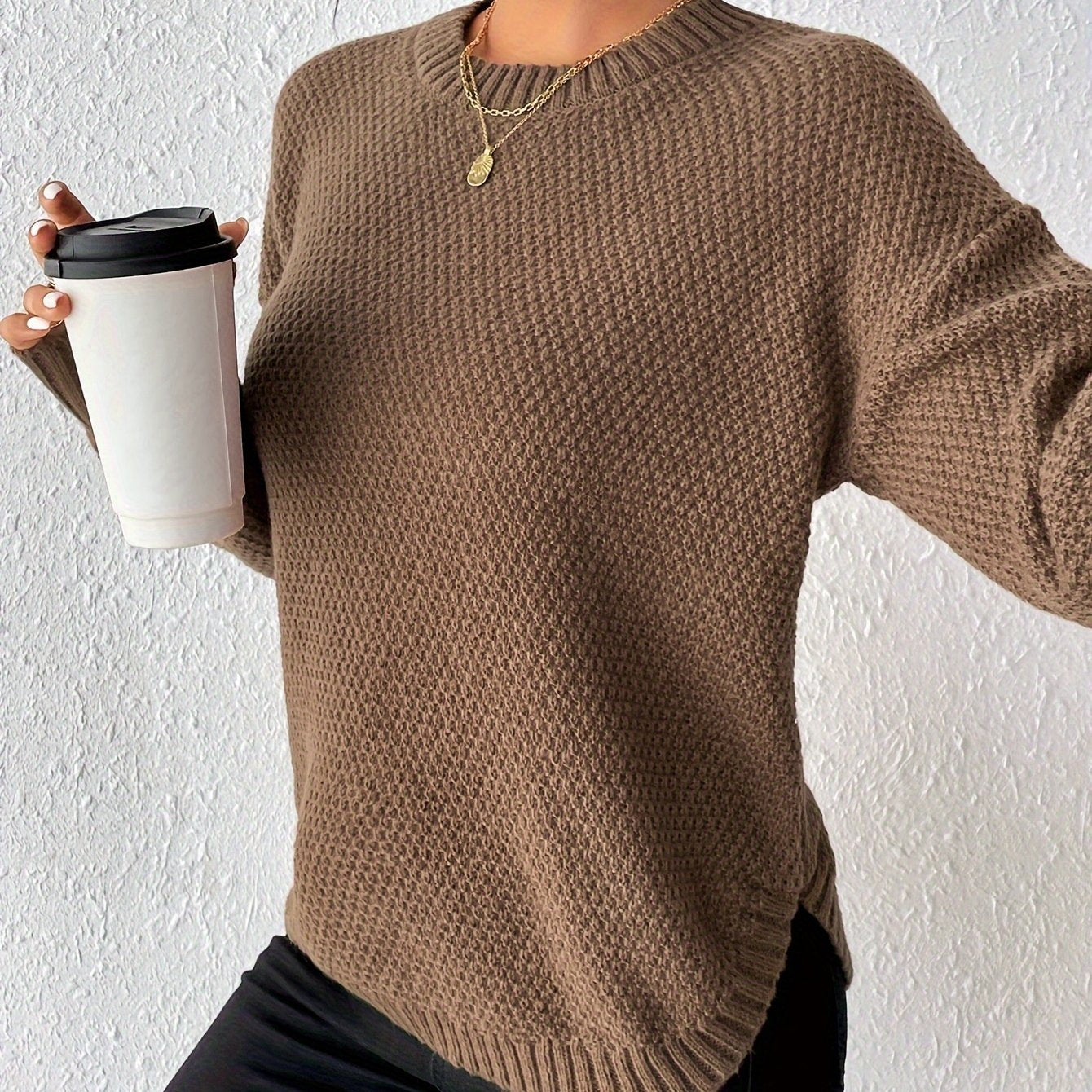 Comfortable Waffle Knit Sweater for Women with Crew Neck Long Sleeve Relaxed Oversized Casual Style