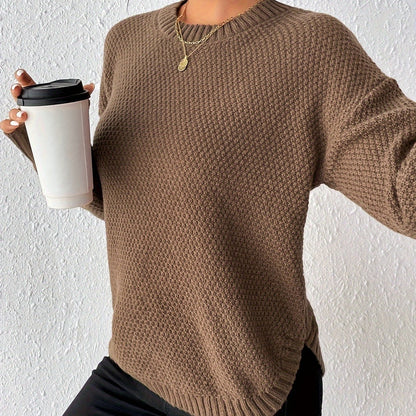 Comfortable Waffle Knit Sweater for Women with Crew Neck Long Sleeve Relaxed Oversized Casual Style