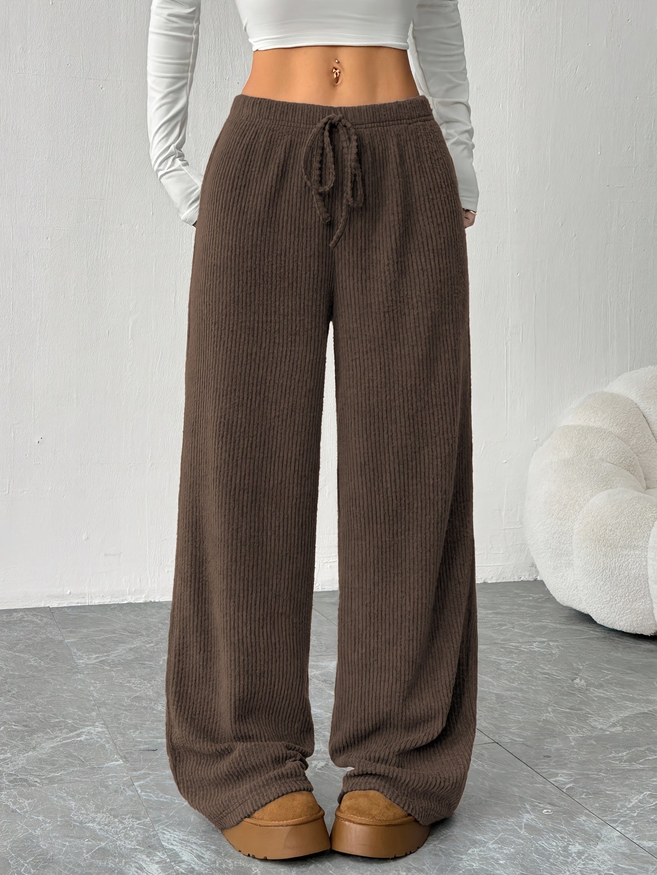 Effortless Ribbed Knit Wide Leg Pants for Women with High Waist Drawstring Relaxed Casual Style