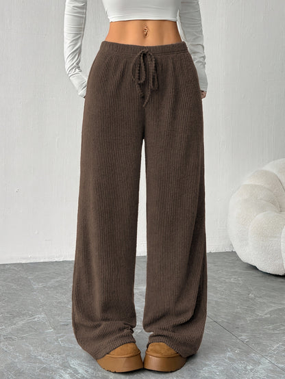 Effortless Ribbed Knit Wide Leg Pants for Women with High Waist Drawstring Relaxed Casual Style