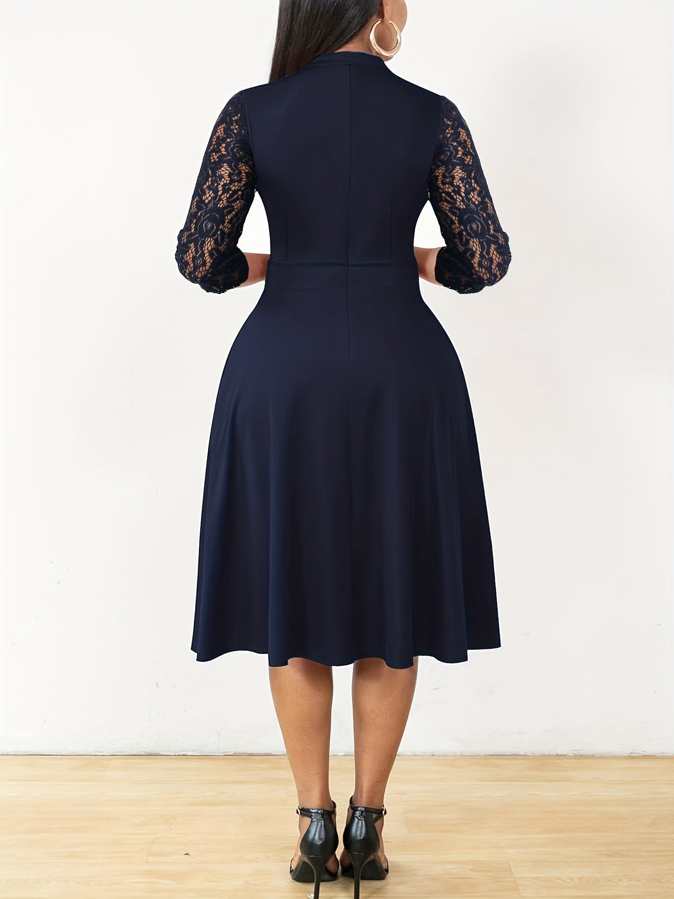 Elegant Lace Midi Dress for Women with Notch Neck Three Quarter Sleeve Fit and Flare Cocktail Style