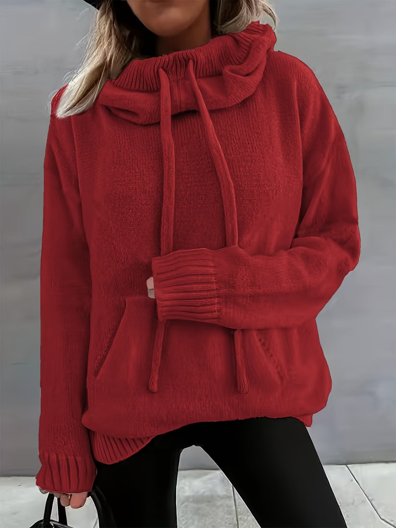 Comfortable Knit Sweater for Women with Cowl Neck Long Sleeve Drawstring Oversized Relaxed Style