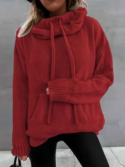 Comfortable Knit Sweater for Women with Cowl Neck Long Sleeve Drawstring Oversized Relaxed Style