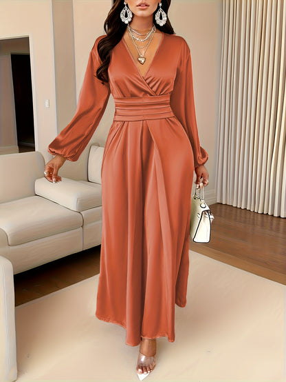 Elegant Satin Wrap Maxi Dress for Women with V Neck Bishop Sleeve Pleated Waist High Slit Flowing Style