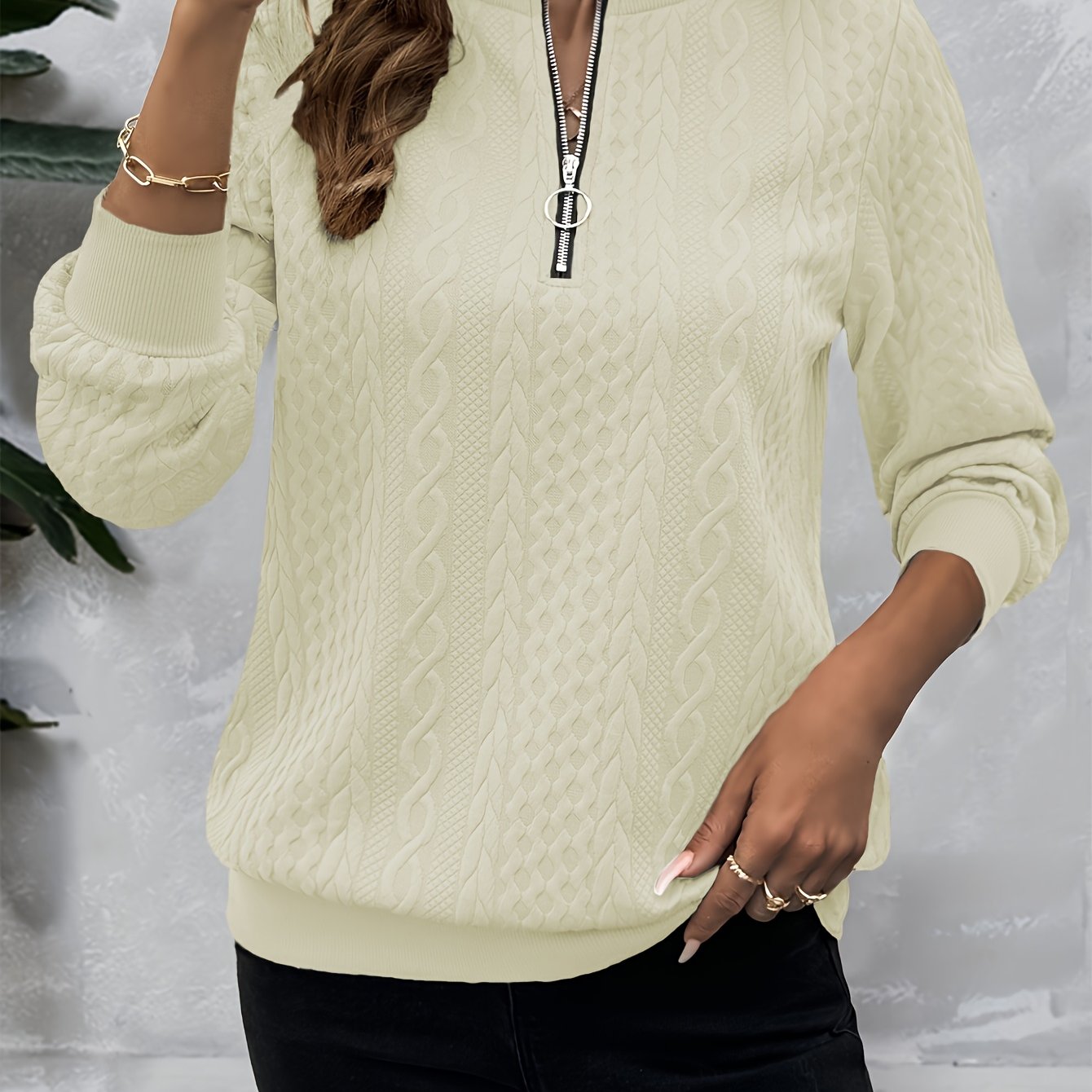 Comfortable Cable Knit Sweater for Women with Quarter Zip Mock Neck Long Sleeve Relaxed Casual Style