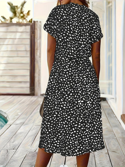 Elegant Multicolor Polka Dot Midi Dress for Women with Collar Short Sleeve Button Front Tie Waist Style
