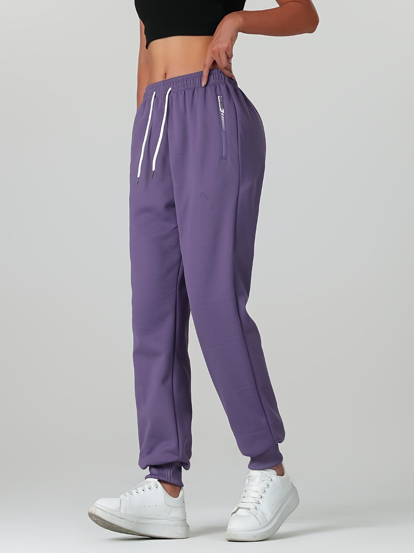 Comfortable Fleece Lined Jogger Sweatpants for Women with Elastic Waistband Drawstring Zip Pocket Relaxed Style