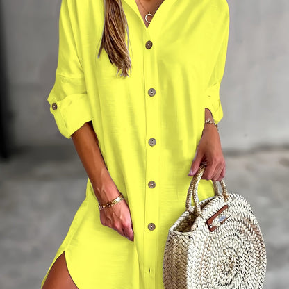 Effortless Mini Shirt Dress for Women with Collar Long Sleeve Button Front Relaxed Style
