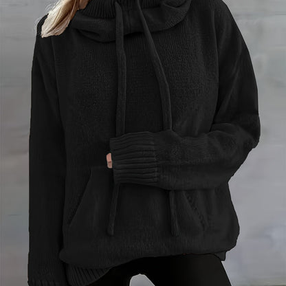Comfortable Knit Sweater for Women with Cowl Neck Long Sleeve Drawstring Oversized Relaxed Style