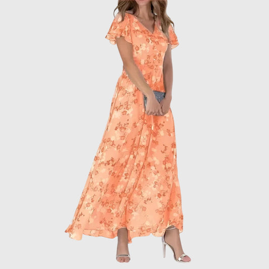Effortless Floral Maxi Dress for Women with V Neck Flutter Sleeve Flowing Chiffon Boho Style