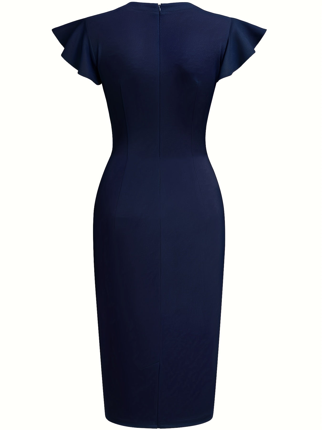 Elegant Sheath Midi Dress for Women with Round Neck Flutter Sleeve Studded Trim Bodycon Style