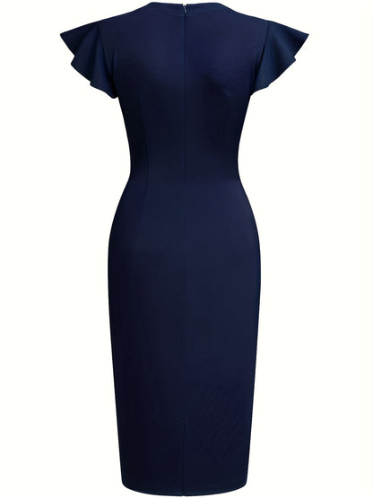 Elegant Sheath Midi Dress for Women with Round Neck Flutter Sleeve Studded Trim Bodycon Style