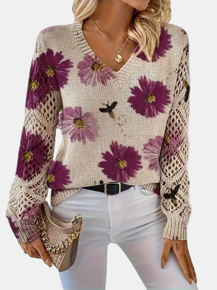 Comfortable Floral Crochet Sweater for Women with V Neck Long Sleeve Oversized Knit Style