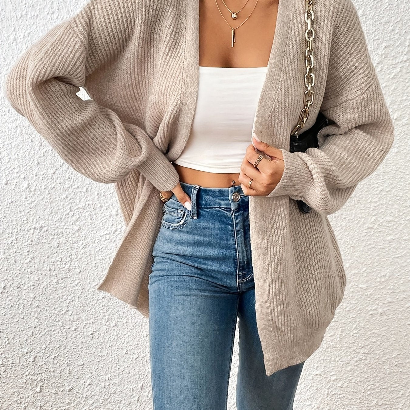 Comfortable Light Yellow Ribbed Cardigan for Women with Open Front Balloon Sleeve Oversized Knit Style