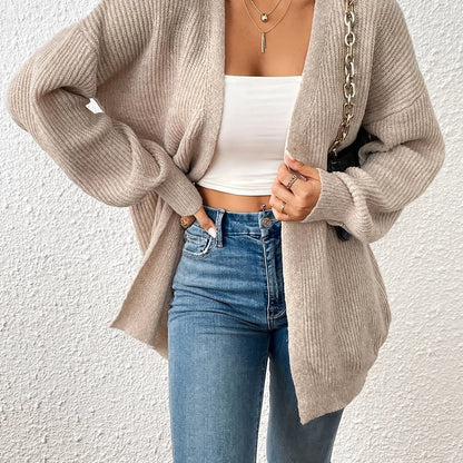 Comfortable Light Yellow Ribbed Cardigan for Women with Open Front Balloon Sleeve Oversized Knit Style
