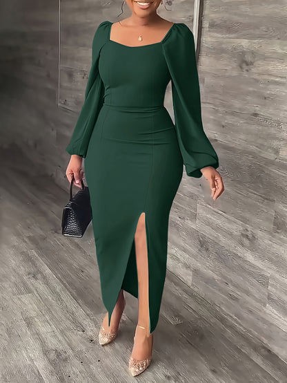 Elegant Bodycon Midi Dress for Women with Square Neck Long Puff Sleeve Side Slit Cocktail Style